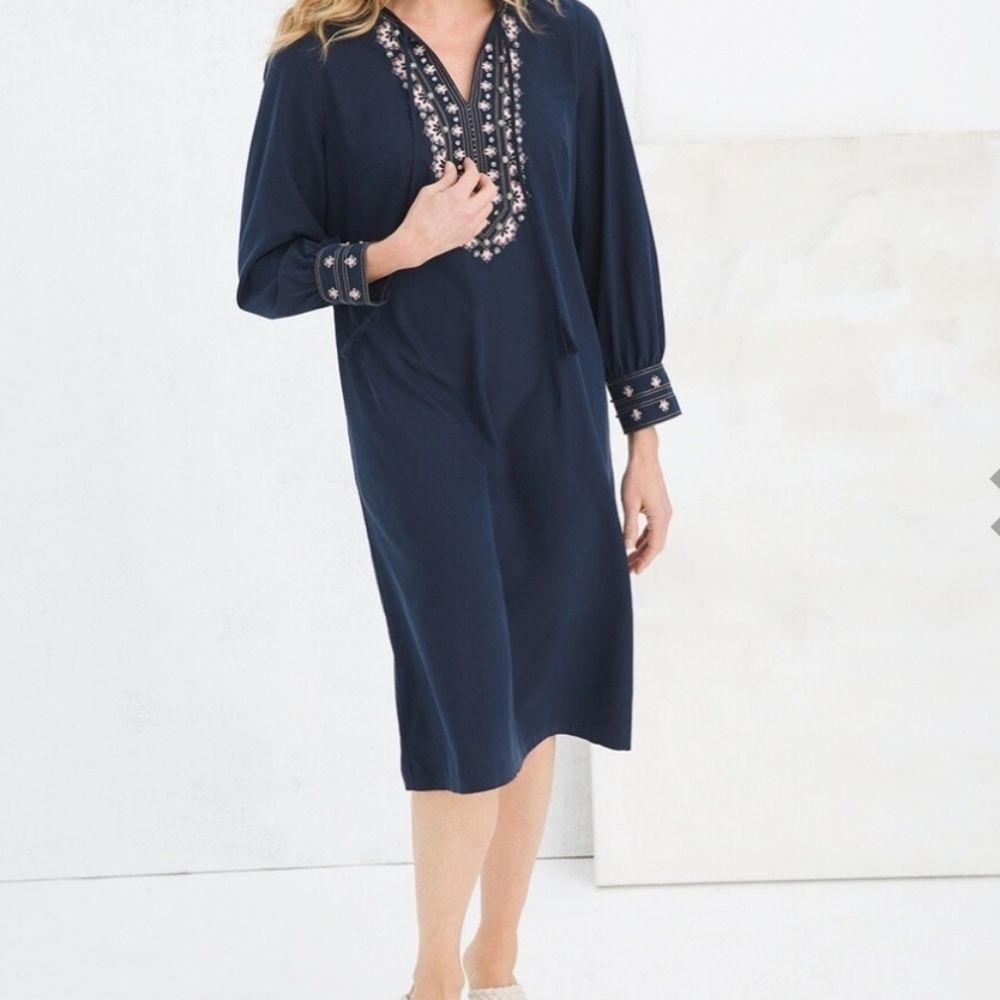 Chico's Embellished Midi Dress Jewel Neck Navy Pink - Picture 5 of 11